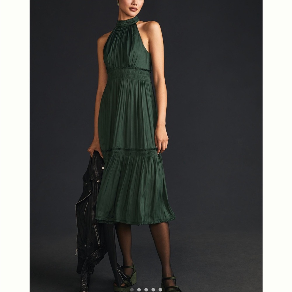 Anthropologie silky tiered Green Halter Dress